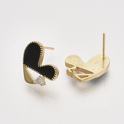 Brass Enamel Stud Earring Findings, with Cubic Zirconia and Loop, Real 18K Gold Plated, Nickel Free, Heart, Clear