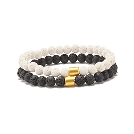 2 pcs 2 style pierre de lave naturelle (teinte) bracelets extensibles en perles rondes sertis d'hématite synthétique colonne, Diffuseur d'huile bijoux en pierre de puissance pour les femmes