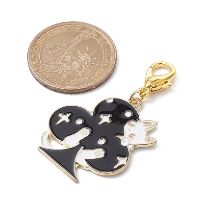 Alloy Enamel Pendant Decorations, with Zinc Alloy Lobster Claw Clasps, Playing Cards with Cat