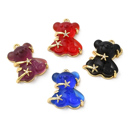 Transparent Resin Crystal Rhinestone Pendants, Bear Charms, with Rack Plating Real 18K Gold Plated Brass Findings, Long-Lasting Plated, Cadmium Free & Lead Free
