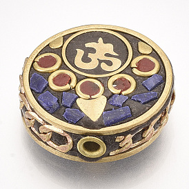 Perles Indonésiennes manuelles, avec les accessoires en laiton, plat et circulaire avec ohm, or