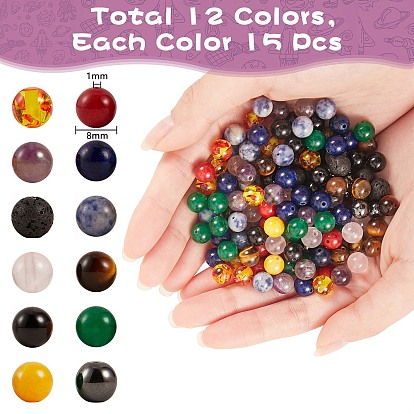 180Pcs 12 Style Natural & Synthetic Gemstone Beads, Resin Imitation Amber Beads, Round