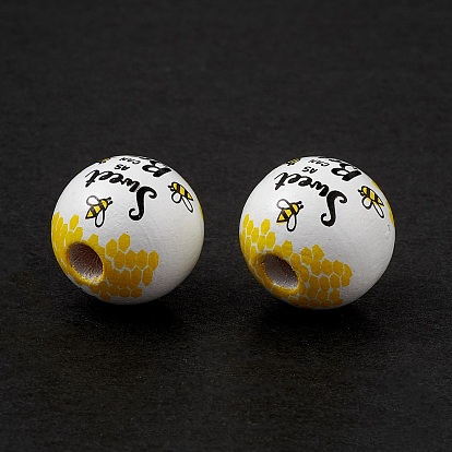 Printed Natural Wood European Beads, Large Hole Bead, Round with Bee Pattern