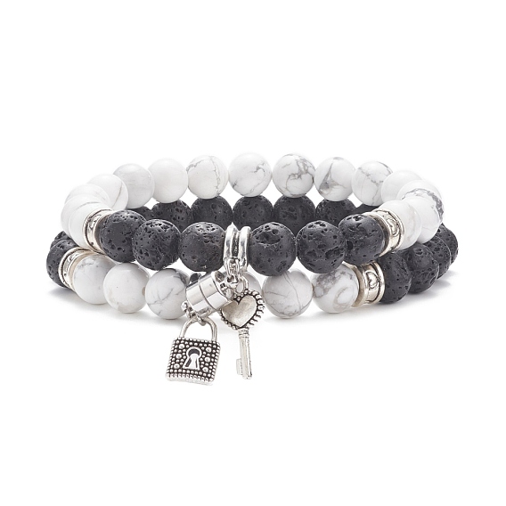 Key & Lock Alloy Charms Bracelets Set for Couples, Natural Lava Rock & Howlite Beaded Stretch Bracelets, with Magnetic Clasp