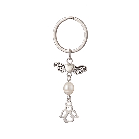 304 Stainless Steel Angel Keychains, with Natural Cultured Freshwater Pearl Beads