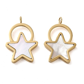 304 Stainless Steel Pendants, with Shell, Star Charm