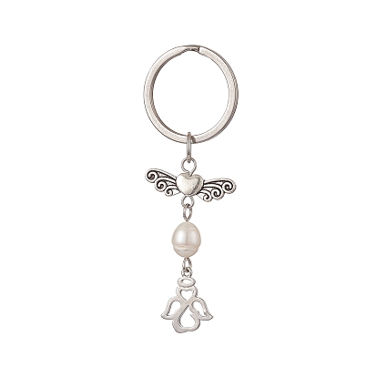 304 porte-clés ange en acier inoxydable, avec des perles de culture d'eau douce naturelles