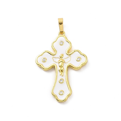 Eco-friendly Rack Plating Brass Micro Pave Cubic Zirconia Pendants, with Enamel, Cadmium Free & Lead Free, Long-Lasting Plated, Religion Cross with Angel Charm