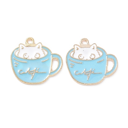 Alloy Enamel Pendants, Light Gold, Cup with Cat Charm
