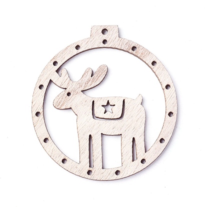 Undyed Wood Big Pendants, Flat Round with Christmas Reindeer/Stag
