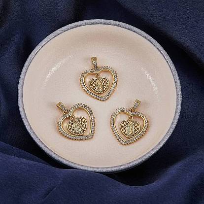 3 colgantes de zirconia cúbica transparente micro pavé de latón con tema religioso, corazón con estatua de jesucristo
