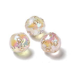 UV Plating Transparent Rainbow Iridescent Acrylic Beads, with Metal Enlaced, Round