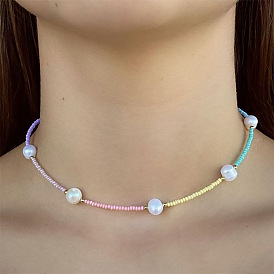 Chic Multicolor Faux Pearl Collar Necklace with Lock, Sweet Macaron Beads for Women