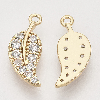 Brass Micro Pave Clear Cubic Zirconia Pendants, Nickel Free, Leaf
