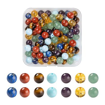 100 Pcs 7 Colors Chakra Yoga Healing Stone Kits, Natural Amethyst & Lapis Lazuli & Turquoise & Green Aventurine & Tiger Eye & Citrine & Red Jasper Beads, Round
