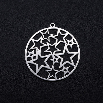 201 Stainless Steel Filigree Charms, Flat Round with Star