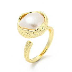 Brass Flat Round Open Cuff Rings, with Natural Pearl
