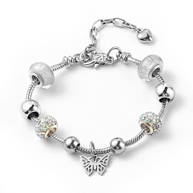 201 bracelet européen à breloque papillon en acier inoxydable avec chaînes serpent, Bracelet en perles de plastique et d'alliage et d'acrylique pour femme