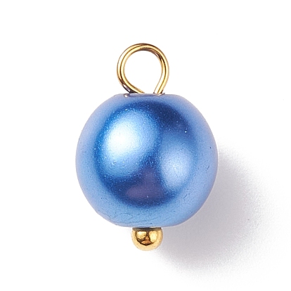 Glass Pearl Pendants, with Golden Plated Brass Findings, Round
