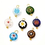 Lampwork Pendants, with Handmade Millefiori Glass Charms and Brass Pins, Flat Round with Flower Pattern