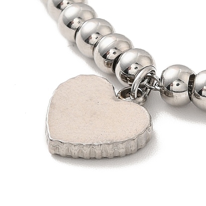 304 bracelet à breloques cœur en acier inoxydable avec émail, 201 bracelet perles rondes en acier inoxydable pour femme