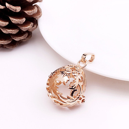 Brass Bead Cage Pendants, for Chime Ball Pendant Necklaces Making, Hollow Teardrop with Flower Charm