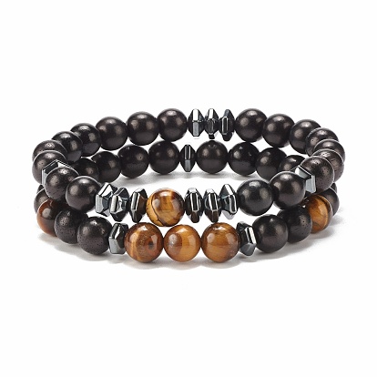 Ensemble de bracelets extensibles en bois naturel et œil de tigre et hématite synthétique de style pcs 2, bijoux de yoga pour femmes
