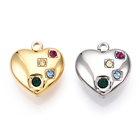 304 Stainless Steel Charms, Manual Polishing, with Rhinestone, Heart Charms