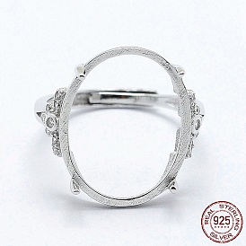 925 Sterling Silver Finger Ring Components, with Cubic Zirconia, Adjustable