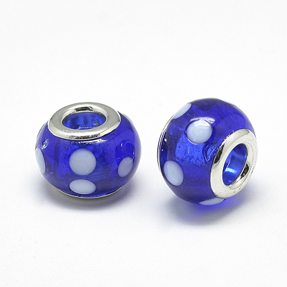 Handmade Lampwork European Beads, with Platinum Brass Double Cores, Large Hole Beads, Rondelle with Spot