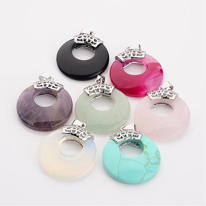 Gemstone Pendants, with Brass Findings, Flat Round, Platinum Metal Color, 28x6mm, Hole: 7x4mm