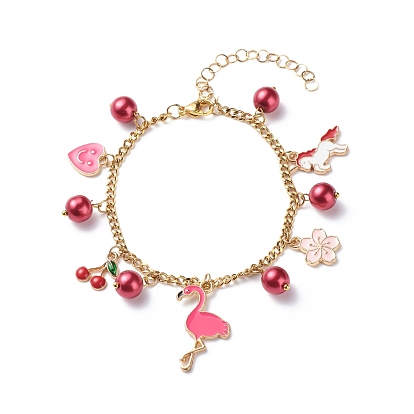 Alloy Enamel & Glass Pearl Charm Bracelet with 304 Stainless Steel Chains for Women