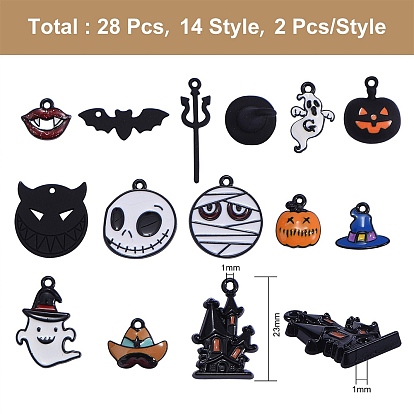 26Pcs 13 Styles Gunmetal Plated Alloy Enamel Pendants, Baking Painted, for Halloween, Mixed Shapes