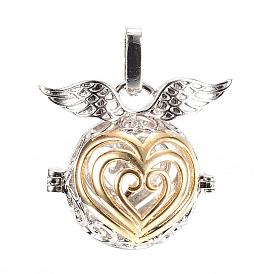 Rack Plating Brass Cage Pendants, For Chime Ball Pendant Necklaces Making, Hollow Round & Heart