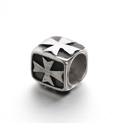 Retro Smooth 304 Stainless Steel Large Hole Cube Beads with Cross, 11.5x11.5x11.5mm, Hole: 8.5mm