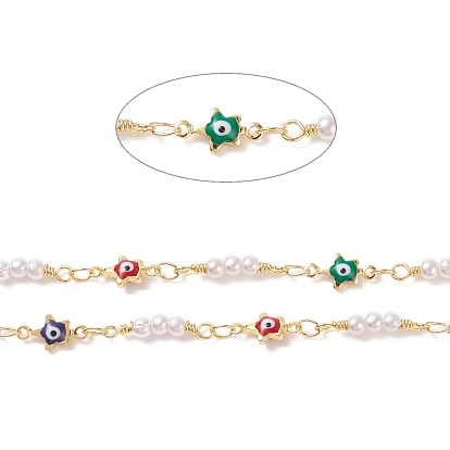 Cadenas de eslabones de estrella de esmalte de latón, con cuentas de perlas de imitación ccb, soldada, con carretes, sin plomo y cadmio, real 18 k chapado en oro