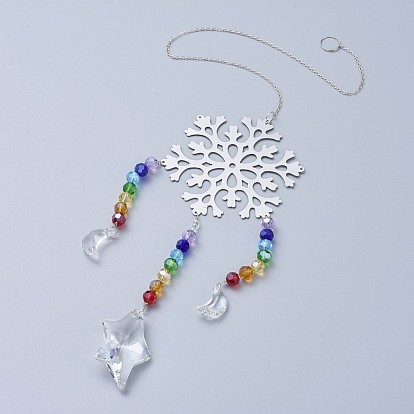 Cristal lustre suncatchers prismes chakra pendentif suspendu, avec des chaînes de câble de fer, perles de verre et pendentifs en laiton, flocon de neige et lune et étoile