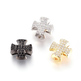 Brass Micro Pave Cubic Zirconia Slide Charms, Long-Lasting Plated, Cross, for Religion, Clear