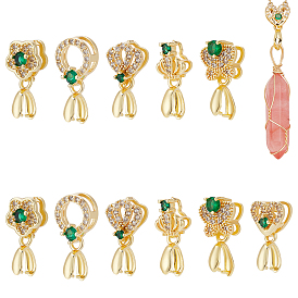 PandaHall Elite 12Pcs 6 Style Brass Micro Pave Green Cubic Zirconia Ice Pick Pinch Bails Pendants, Butterfly & Ring & Heart & Crown & Plum Blossom