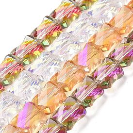 Faceted Electroplated Transparent Glass Beads Strands, Half Rainbow Plated, Twist Rectangle