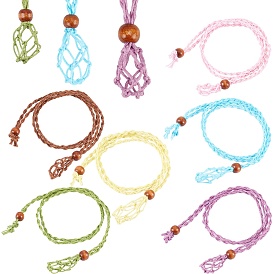 Gorgecraft 6Pcs 6 Colors Adjustable Braided Waxed Cord Macrame Pouch Necklace Making, Interchangeable Stone, with Wood Beads