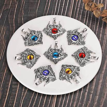 8Pcs 4 Colors Glass Pendants, with Antique Silver Plated Alloy Findings, Skull with Evil Eye