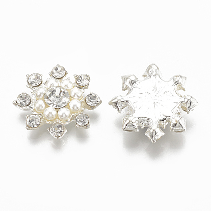Cabujones de aleación de espalda plana, Con diamantes de imitación y abs imitación de perlas de plástico., flor, cristal