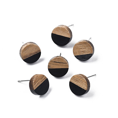 Opaque Resin & Walnut Wood Stud Earrings, with 316 Stainless Steel Pins, Flat Round