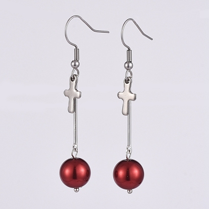 Glass Pearl Dangle Earrings, with Platinum Plated Iron Bar Links, 304 Stainless Steel Charms and 316 Surgical Stainless Steel Earring Hooks, Cross