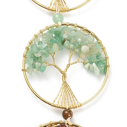Natural Gemstone Car Hanging Decorations, with Nylon Cord and Brass Findings, Round Ring with Tree of Life