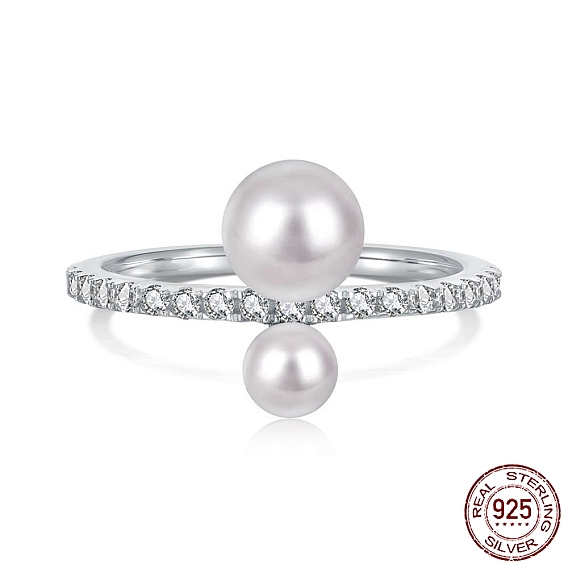 925 Sterling Silver Finger Rings with Cubic Zirconia, Pearl Beaded Ring with S925 Stamp