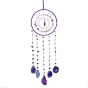 Natural Amethyst & Agate Window Hanging Pendant Decorations, with Leather Cord & Glass & Iron Ring, Woven Web/Net
