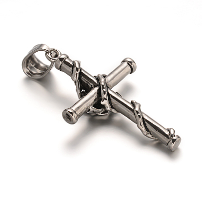 304 Stainless Steel Gothic Pendants, Cross with Flower, 40.5x25.5x8mm, Hole: 9x5mm