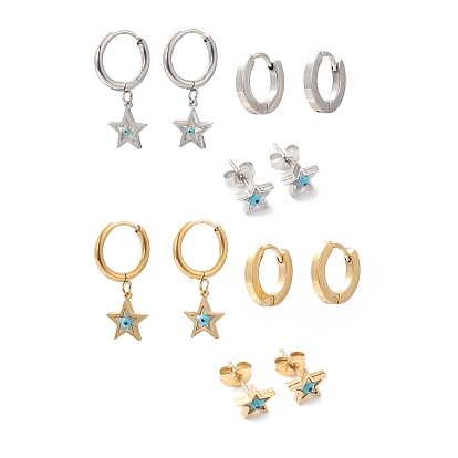 3 Pairs 3 Style Synthetic Shell Star with Enamel Evil Eye Dangle Hoop Earrings, 304 Stainless Steel Stud Earrings for Women